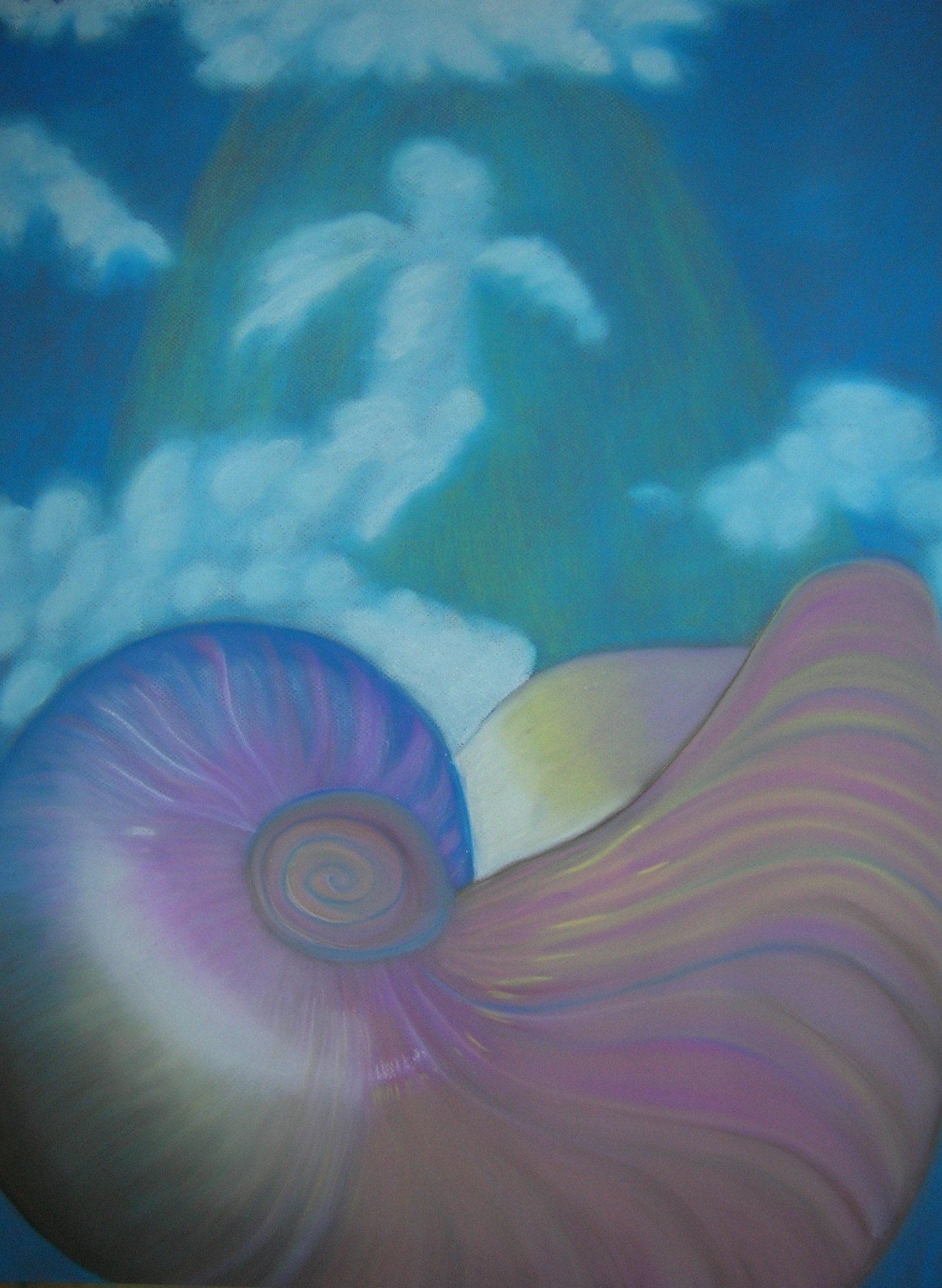 Pastel painting called creation, nautilus shell with angel shaped cloud and blue sky