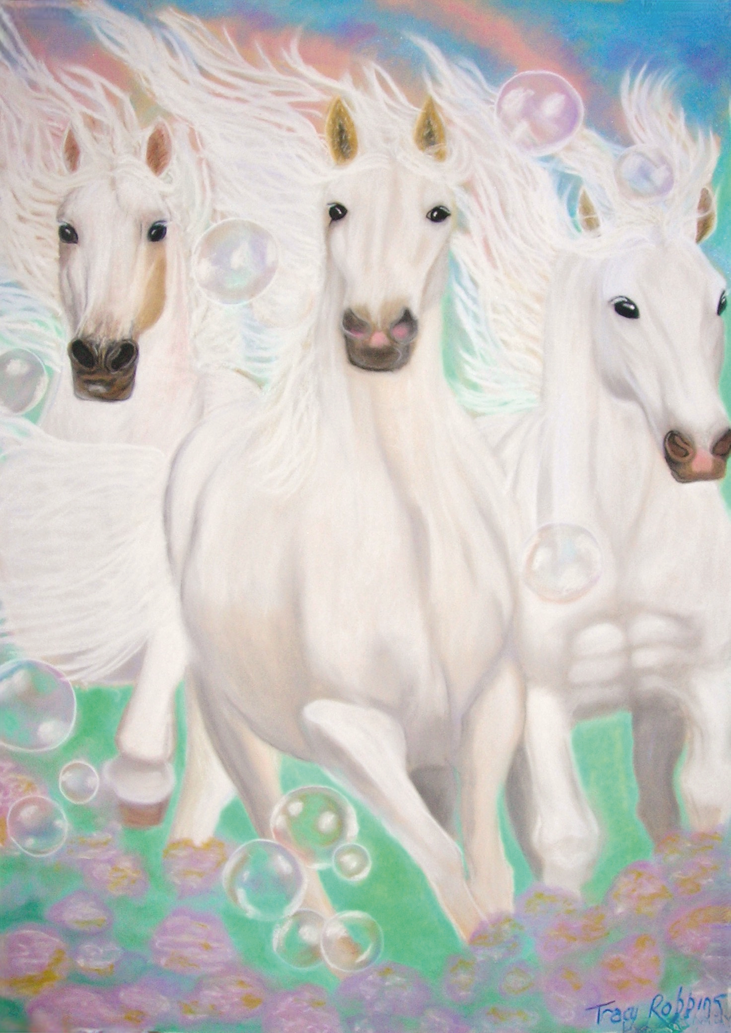 3 white horses galloping forward, pastel painting called grace